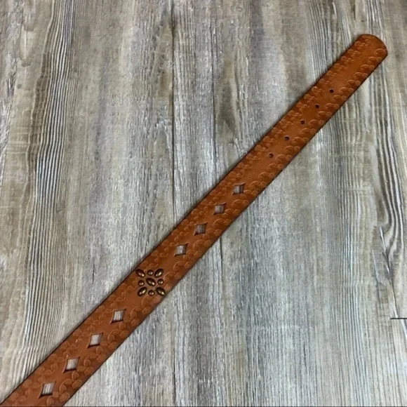Brown Tooled Punched Leather Belt Gold Tone Metal Hardware and Stud Embellished - Picture 7 of 10